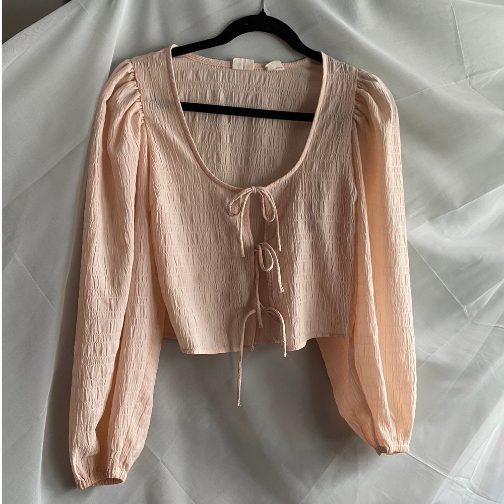 Levi's Puff Sleeve Tie Front Crop Pink Blouse XS Boho Cottage Feminine Ballet‎
